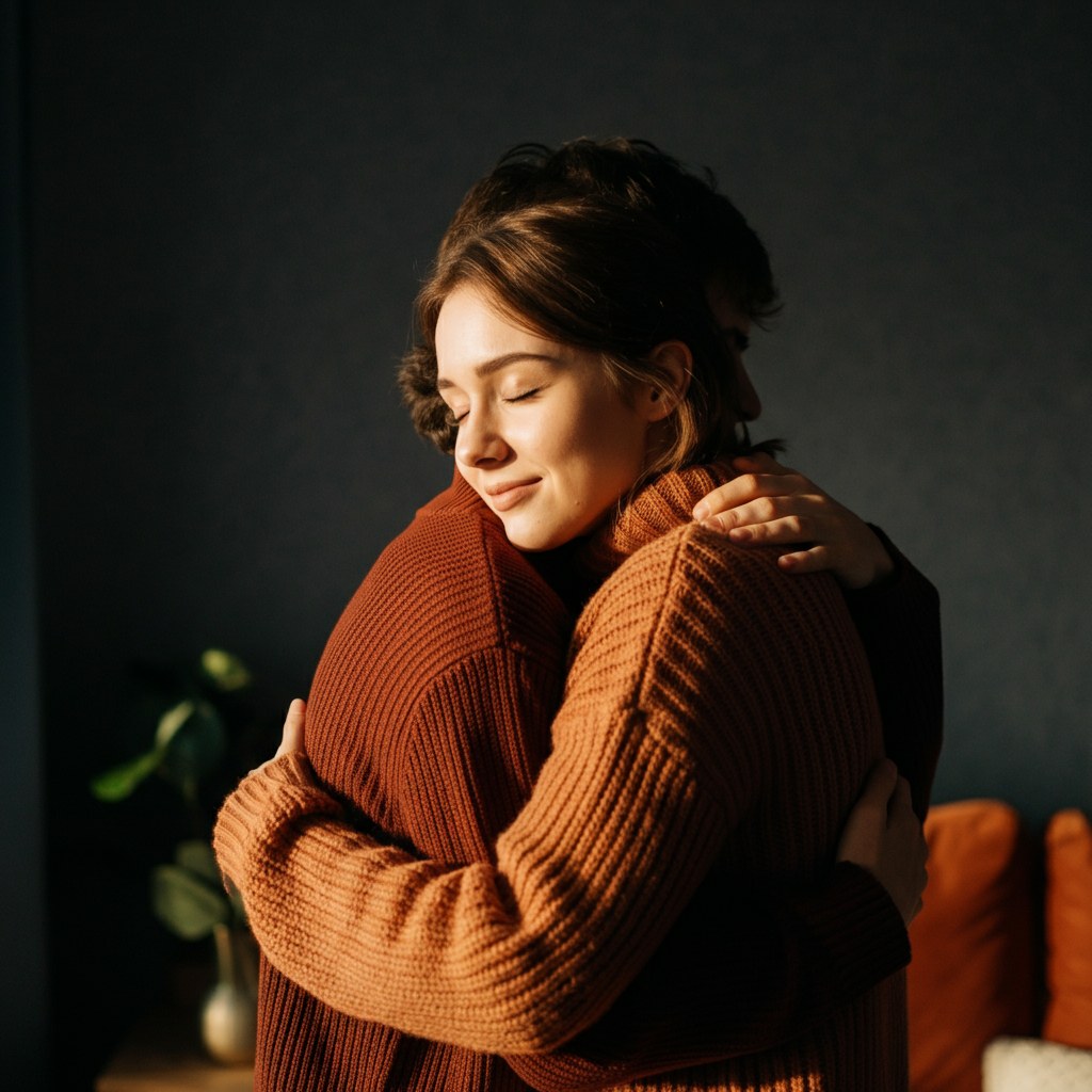 A parent and child embracing